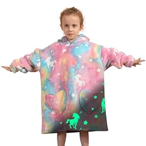 Glow in The Dark Blanket Hoodie for Kids Oversized Hooded Blanket Toddler2-6YR Cute Animal Luminous Horse Sherpa Blanket Sweatshirt for Boys Girls Birthday Gift