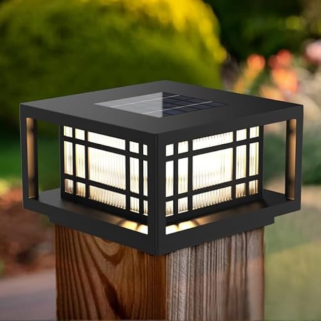 HUYIENO Solar Post Cap Lights Large Outdoor Deck Fence Post Lights 50Lumens Brightness Warm/Bright White Lighing Modes for 4x4 5x5 Vinyl Posts, 4x4 5x5 6x6 Wooden Posts (Black, 2pk)