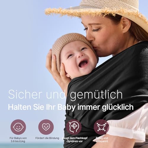 Momcozy Elastisches Tragetuch Baby Neugeborene ab Geburt | Ring Sling Babytragetuch für 3.6-15 kg | Atmungsaktiv & Ergonomisch | OEKO-TEX 100 Zertifiziert,Schwarz