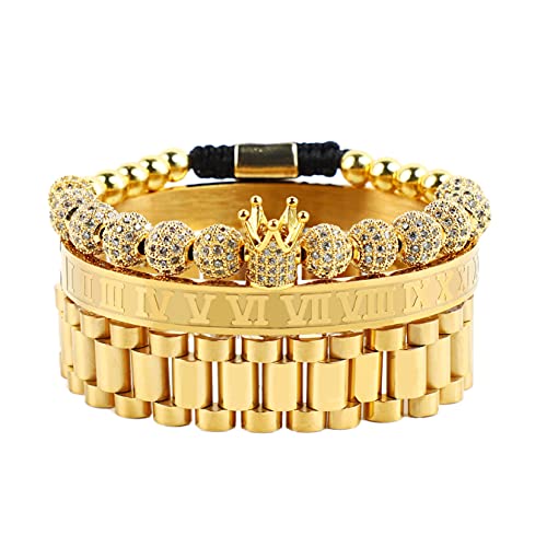 MUYASEA 8mm Gold CZ Bead Charm Bracelets King Crown Fashion Bangle for Men Women C-Gold