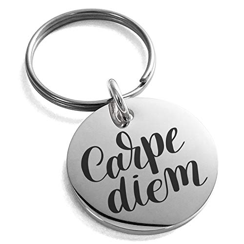 Stainless Steel Carpe Diem Calligraphy Small Medallion Circle Charm Keychain Keyring