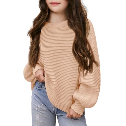 WISREMT Girls Sweaters Crewneck Pullover Jumper Oversized Drop Shoulder Knit Tops Teen Girl Solid Sweater for 7-14 Years