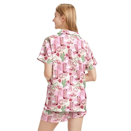 Image of Funny Satin Pajamas Set for Women Button Down Sleepwear Print Pjs Set 2 Piece Short Sleeve Loungewear Gift for Women