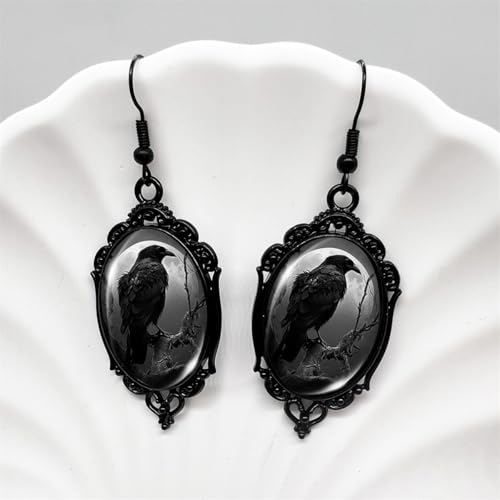 Gothic Halloween Cameo Earrings,Vintage Crystal Glass Witch/Raven/Bat/Tree Dangle Earrings Punk Style Dark Earring Goth Victorian Earring Halloween Jewelry for Women3