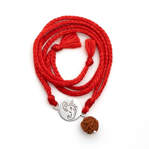 Image of Meenakari Pure 925 Sterling Silver Small Ganesha Coin with Rudraksha Rakhi set with Roli Chawal and Rakshabandhan Greeting Card For Brother /Boys /Men /Unisex