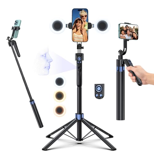 Smart Face Tracking Tripod Selfie Stick with LED Light, 360° Rotating 70' Phone Camera Stand with Bluetooth Remote, Perfect for Video Recording, Live Broadcast, and Social Media Content