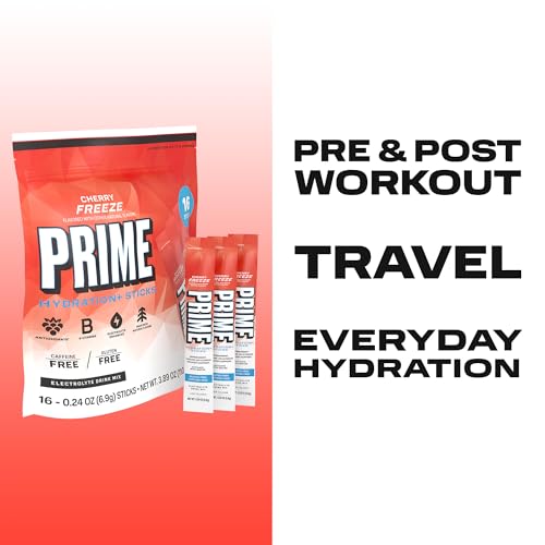 Image of PRIME HYDRATION+ Electrolyte Powder Sticks, Cherry Freeze, Sugar Free Hydration Drink Mix with Potassium, Magnesium & B Vitamins to Replenish Fluids, Caffeine Free, 16 Count