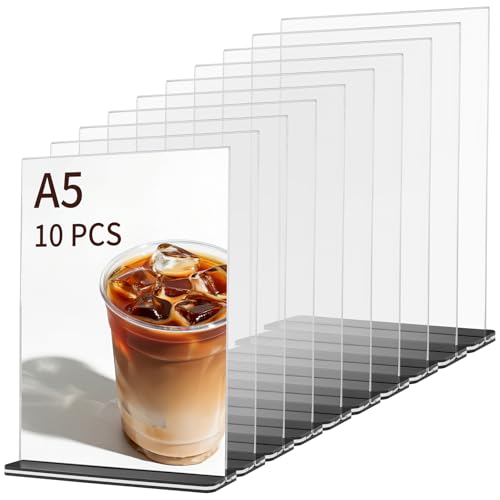 JEUIHAU 10 Pack A5 Acrylic Sign Holder, Double Sided Perspex Display Stand Poster Menu Holder with Base for Restaurant Store Hotel Office Wedding Events
