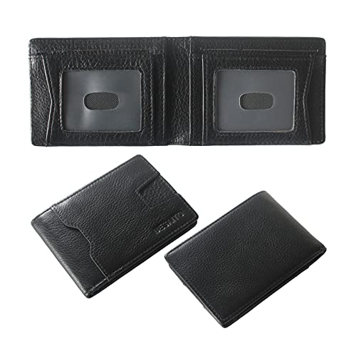 RFID Blocking Top Grain Leather Slim Bifold Wallet for Men with 2 ID Windows