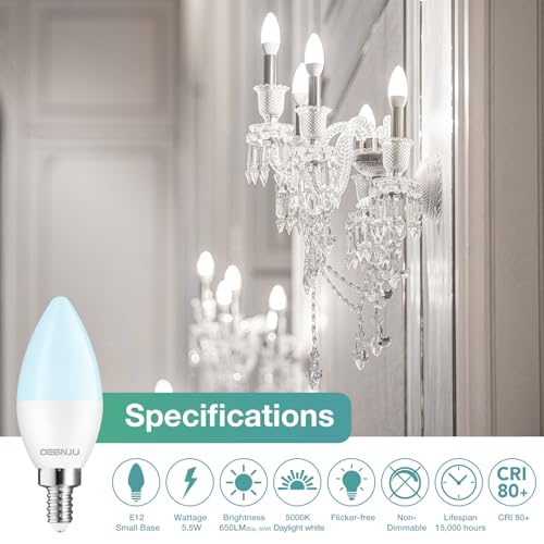 Image of DEGNJU 20 Pack Chandelier Light Bulbs 60 Watt Equivalent, Candelabra LED Light Bulbs, E12 LED Bulb Daylight 5000K, Type b Light Bulb 5.5W, Candelabra Base, 120V, B11 Candle Light Bulb, Non-Dimmable