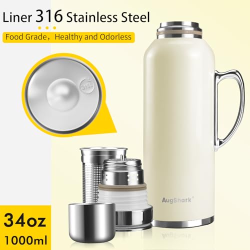 Image of 34 oz Insulated Water Bottle, Double Wall Vacuum Stainless Steel Water Flask Jug with Handle & Metal Mechanical Temperature Measuring Cup Lid, Leakproof Travel Bottle Keep Cold 36h Hot 24h