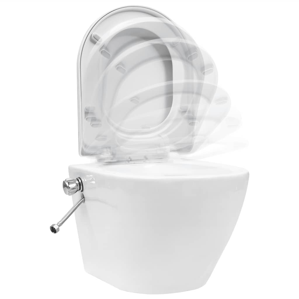 Inodoro de pared sin borde con cisterna oculta empotrable, cerámica blanca, asiento y tapa de cierre suave, para baño e invitados