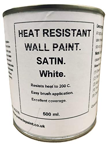 1 x 500ml Satin White Heat Resistant Wall Paint. Wood Burner Stove Alcove. Brick, Concrete, Plaster, Cement Board, Rendering, Metal, Timber etc.
