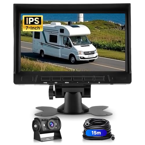 VECHTEL 1080P Cámara de visión Trasera con Monitor IPS de 7 Pulgadas,Kit de Asistencia para aparcar,IP69 AHD visión Nocturna para SUV camión Furgoneta Autocaravana con Visera Solar,Cable de 15 m