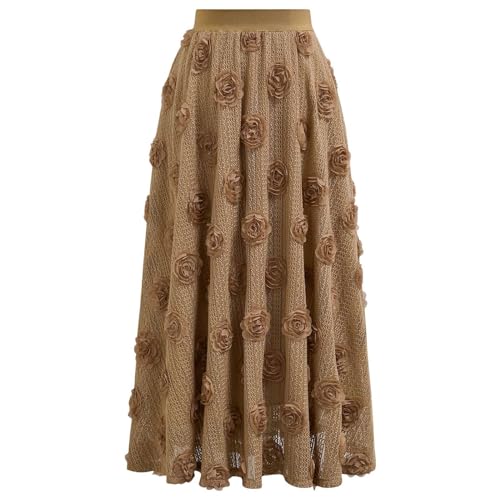 CHICWISH Women's 3D Rose Openwork Elastic Waist Cotton Casual Midi Skirt