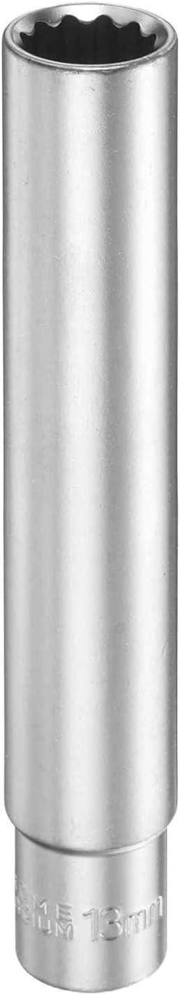 HARFINGTON 12 Points Deep Socket 3/8" Drive 13mm Deep Metric CR-V Steel Polished Nickel Plating Flip Sleeve 120mm / 4.7" Extra Long Socket Tool for Home Auto Nuts Bolts Repair