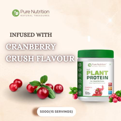Image of Pure Nutrition Plant Protein Powder for Men, Women (Cranberry Crush) - 500g, With Shaker (650ml) | Pea & Brown Rice Protein with Omega3, BCAA & Digestive Enzymes | Muscle Growth & Strength