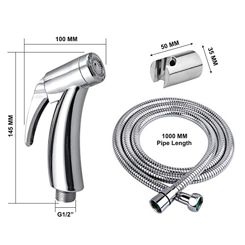 Image of JACKWILLS Shark ABS Health Faucet with SS-304 Grade 1 Meter Flexible Metal Hose Pipe and Wall Hook Chrome Finish