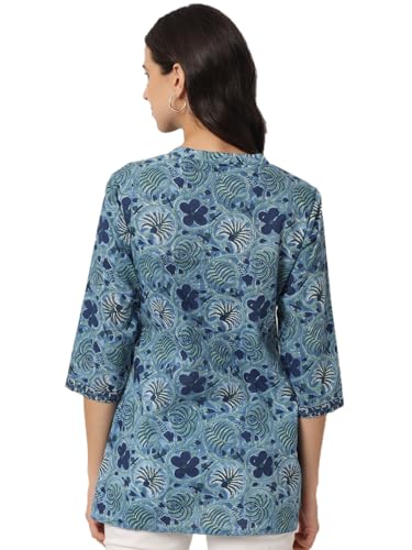 Image of FABRIC FITOOR Women's Jaipuri Pure Cotton Floral Print Mandarin Collar 3 /4th Sleeve Blue Color Shirt Top