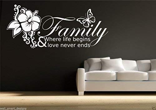 Family Love Life Begins WALL QUOTE Sticker Art Decal Mural Transfer Stencil WSD416, Silver Matt, Large
