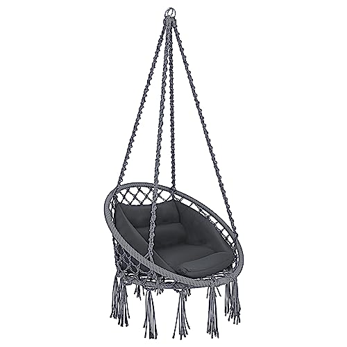 Poltrona Sospesa Da Giardino Corda Di Cotone Effetto Macrame' Struttura Pensile In Acciaio Cuscino Amaca A Dondolo Con Seduta Imbottita Per Esterno Terrazzo Design Moderno Fino A 160 Kg (Grigio)