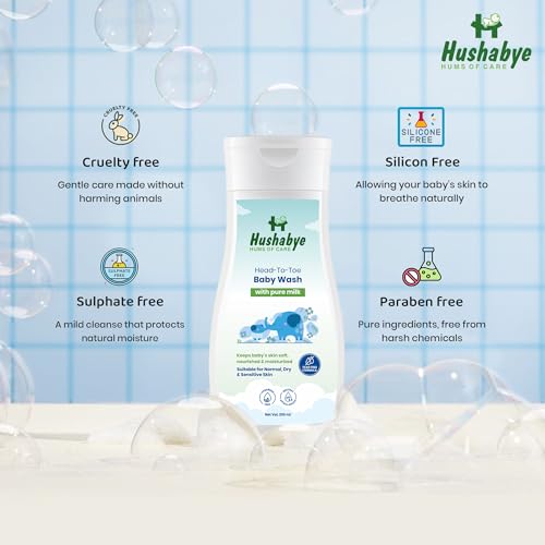 Image of Hushabye Head to Toe Baby Wash (200ml) & Baby Dusting Powder (100g) with Milk Protein | Tear-Free Formula, pH Balanced for All Skin Types | Newborn Care Gift Set, Combo Pack of 2