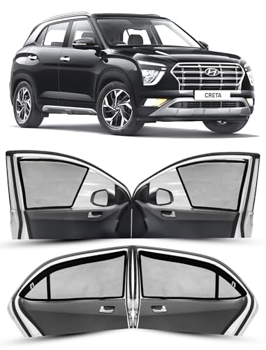 Image of Autofact Magnetic Car Sunshades Compatible with Hyundai Creta New (2020 to 2024) (Set of 4) - Easy Installation, UV Protection (Front 2 Half-Cut for Side Mirror Visibility, Rear 2 with Zippers)