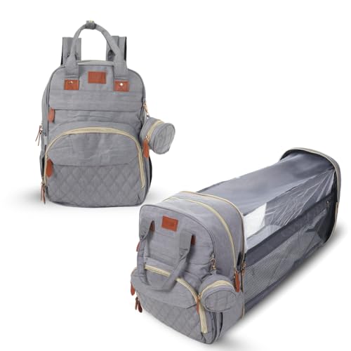 Image of Diaper Bag Backpack with Built-in Changing Station,Large Capacity Waterproof Mummy Bag with Bassinet,Insulated Pockets,Laptop Compartment & Organizer for Baby Essentials Travel,Unisex-Grey