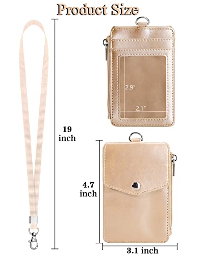 Teskyer Badge Holder With Side Zip Pocket, Multiple Card Slots Leather Id Holder Wallet With Neck Lanyard For Office Staffs, Teachers/Students, Couriers, Workers, Gold #TOP6