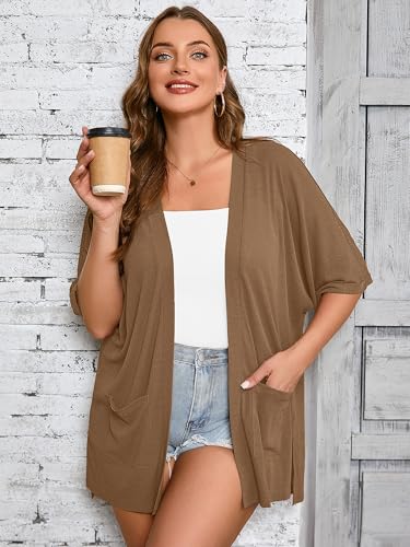 Image of AusLook Plus Size Cardigan for Women Short Sleeve Lightweight Open Front Shrug with Pockets for Dresses and Layering 1X-5X