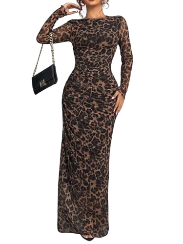 Women's Long Sleeves Maxi Bodycon Dress Tie Dye Ruched Mesh Layer Prom Formal Wedding Elegant Dresses