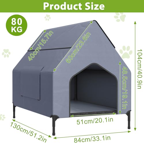 UISEBRT 2 in 1 Hundeliege überdacht & erhöhtes Hundebett mit abnehmbarem Deckel, Outdoor Hundezelt hundehütte für kleine und mittelgroße Hunde bis 80 kg, ideal für Garten, 130 x 84 x 104 cm