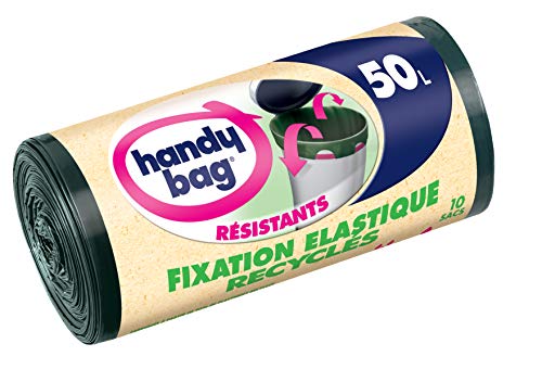 Handy Bag 10 Sacs Poubelle 50 L, Poignées Coulissantes, Fixation Élastique, Recyclés, Résistant, Anti-Fuites, 68 x 73 cm, Vert Foncé, Opaque