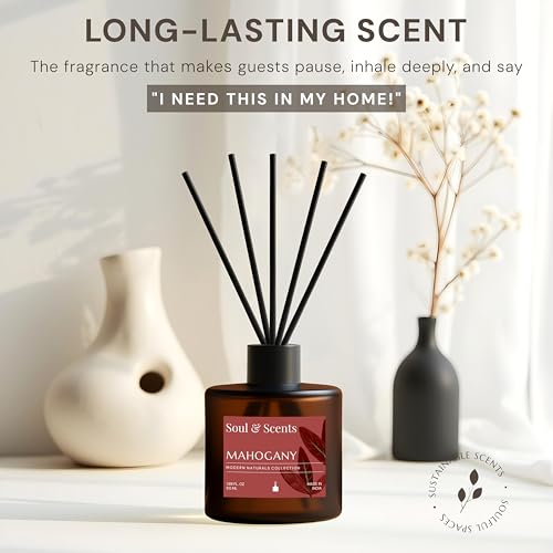 Image of Soul & Scents 50ml Mahogany Reed Diffuser Set | A Rich & Warm Scent of Woods | Get 5 Rattan Reed Sticks | Smoke Less Room Freshener for Home, Bedroom, Living Room & Office