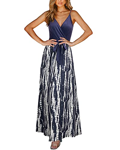 Image of OUGES Womens Summer Maxi Dress V Neck Floral Adjustable Spaghetti Strap Beach Dresses with Pockets