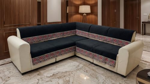 Image of KINGLY L-Shape Sofa Cover 6 Seater 3+3 Velvet Full Cover - Black Multicolor | Fully covered quilted velvet slipcover, washable anti-slip furniture protector, L-type corner sofa cover for living room
