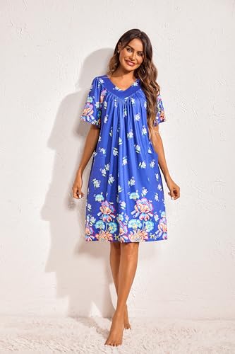 Image of Ekouaer Womens House Dress Floral Print Nightgown with Pockets Mumu Dress | V Neck Nightgowns for Women Pleated Short Sleeves Mumu Dresses Knee Length Moo Moo for Sleep, Daily Wear, Vacation, Party