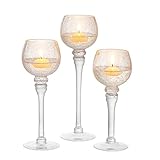 Romadedi Teelichthalter Kerzenständer Glas - Windlicht Kerzenhalter Deko Quecksilber 3er-Set 23,5/25,5/31,5 cm für Teelichter Votivkerzen Kerzen Hoch, Wohnzimmer Tischdeko Hochzeit