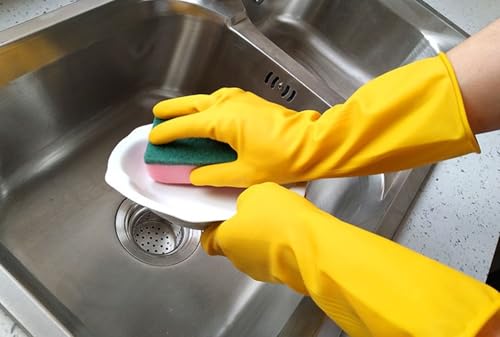 Image of Natural Rubber Household Gloves - Reusable & Waterproof for Cleaning, Dishwashing, Kitchen & Bathroom Use - Comfortable Fit with Non-Slip Grip - Durable & Long-Lasting (Yellow, 5 Pair)