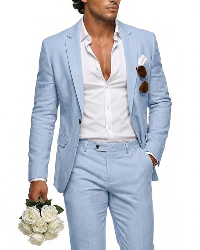 Image of MY'S Men's 2 Piece Regular Fit Linen Suit Set, One Button Lightweight Jacket Pants for Business, Casual, or Prom