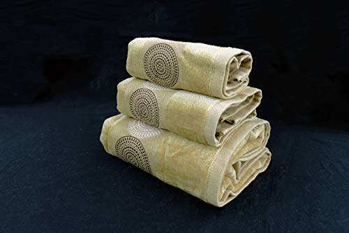 H & A Collection Marina Decoration Premium Luxury Decor Ultra Soft 100% Cotton Embroidered Bathroom Modern 3 Piece Towel Set, White Dark Brown Circles With Taupe Base Pattern #TOP1