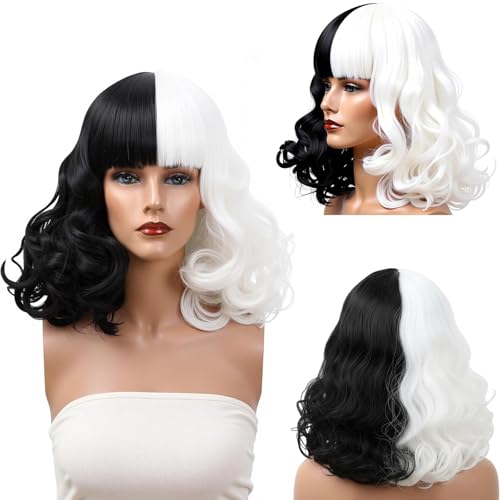 Wenweo Perücke Damen Perücke Schwarz Weiß-Natürlicher Look für Halloween Karneval Fasching Cosplay & Partys | Bis zur Taille | Elegante Alltags und Kostüm Perücke(Schwarz & Weiß)