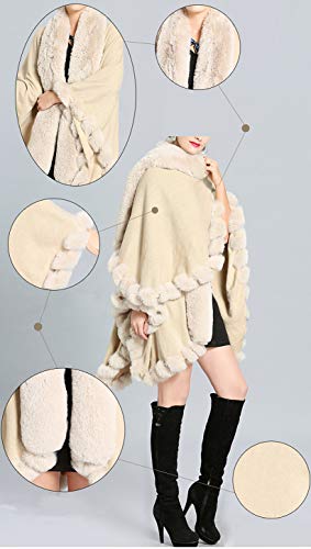 Tngan Faux Fox Fur Trim Cardigan Cloak Shawl Wraps Winter Poncho Oversized Cape Black