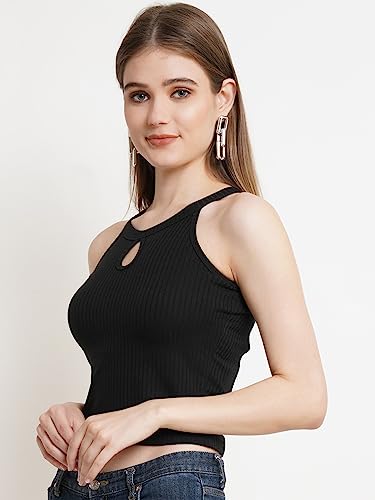 Image of POPWINGS Women Casual Black Rib Keyhole Crop Top