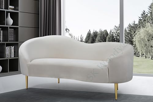 Image of Rosewood Luxury Curved Sofa in Premium Velvet-Fabric | Solid Wood Structure | High Density Foam | Sturdy Golden Legs | Comfortable & Stylish Couch for Modern Living Room (Cream, 2 Seater)