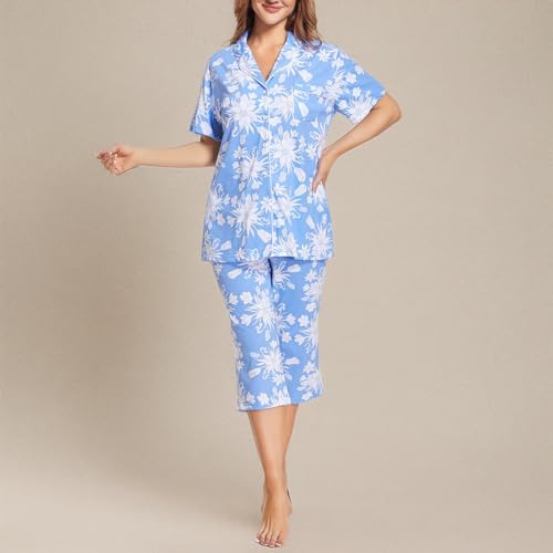 Image of Tugege Capri Pajamas Set Womens Button Down Short Sleeve Lounge Sets Sleepwear Notch Collar Top & Capri 2 Piece PJ Sets