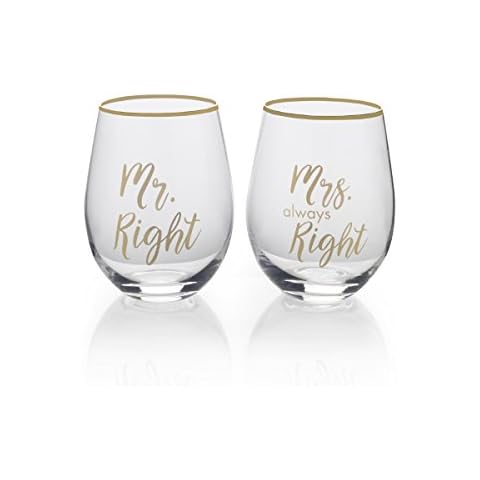 Mikasa 5216704 'Celebrations' Stemless Wine Glasses with Decorative Mr Right and Mrs Always Right Prints, 468 ml - Clear/Gold (Set of 2) Cover