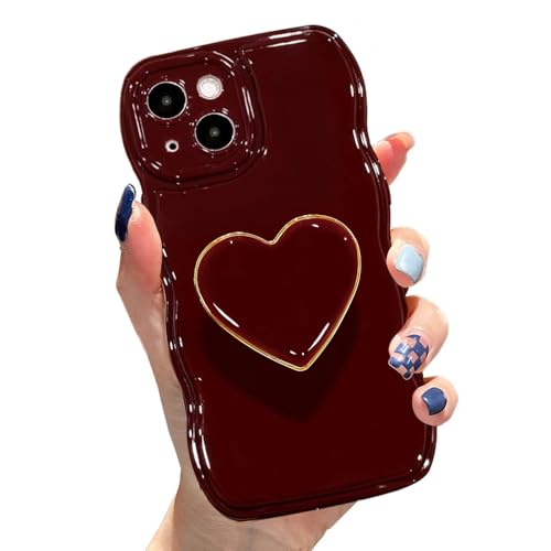 Sutpstmt Cute Case for iPhone 15 6.1 Wine Red Soft TPU Shape Shockproof Protective Cover with Stand Luxury Bumper Wave Frame Curly Shape Love Heart Holder Kickstand Phone Case for Girls Women