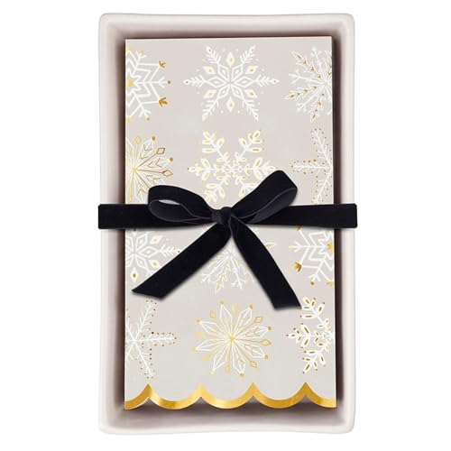 Santa Barbara Design Studio Ceramic Napkin Holder with Christmas Paper Napkins Gift Set, Guest/Dinner Size, Gold Snowflake