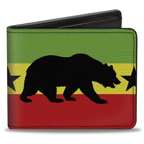 Buckle-Down Men's Wallet, Bifold, Cali Bear Star Silhouette Rasta Black, Vegan Leather, California, 4.0